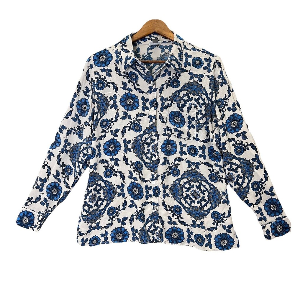 Worthington 100% Silk Blouse LARGE Blue White Floral Long sleeve Office